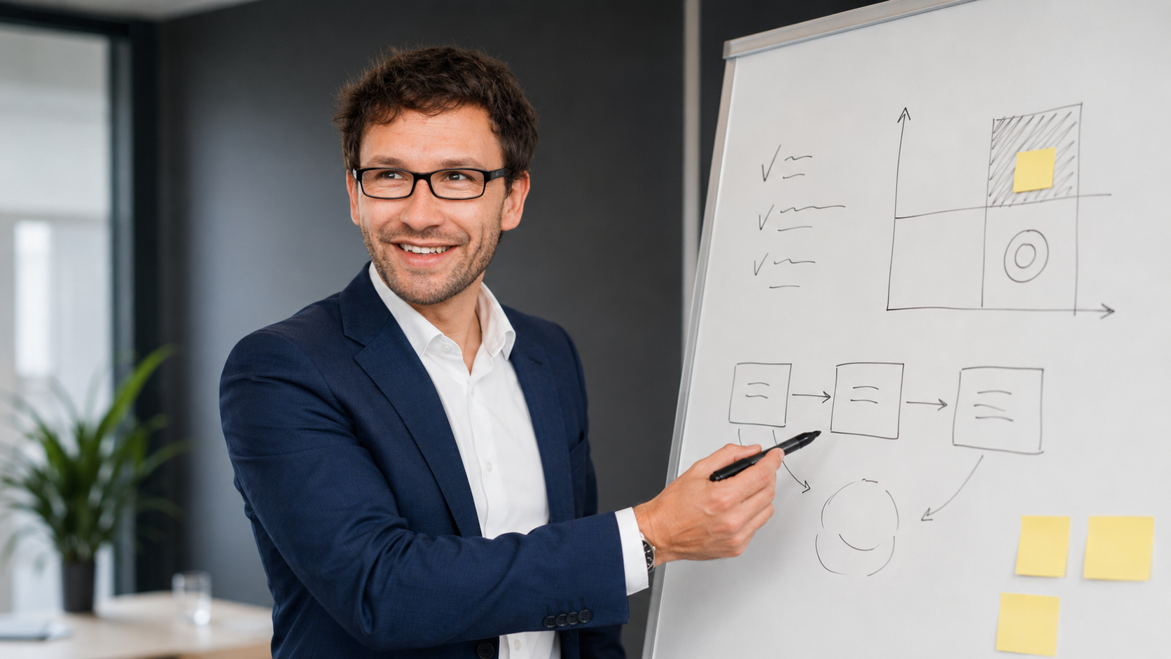 Dr. Christian Kaiser erklärt eine strategische Struktur am Whiteboard